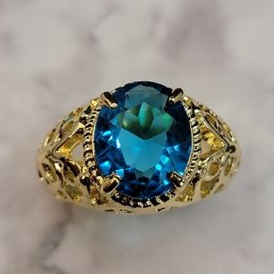 Simulated Icy Blue Topaz Filigree Gold Tone Butterfly Ring